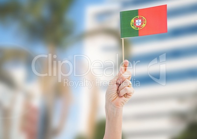 Hand holding Portugal flag with sunny background