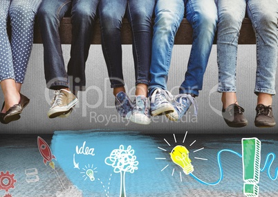 Group of people's legs sitting on bench above idea drawing graphics