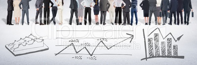 Group of business people standing in front of statistics performance charts drawings