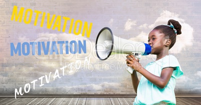 Girl with megaphone in front of cloudy room with motivation text