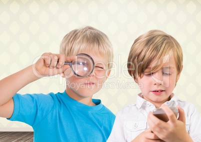 kids holding magnifying glass with blank room background