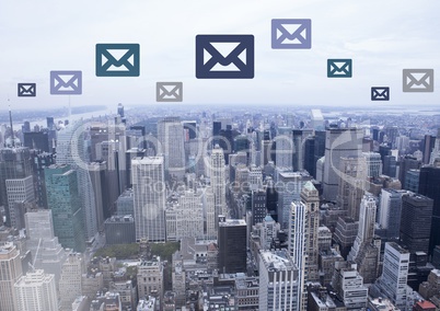 Email icons over city