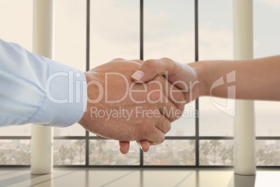 Business people shaking hands against office background