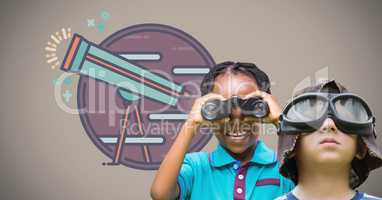 kids holding binoculars with blank brown background with telescope graphic