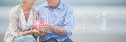 Happy couple holding a piggy bank