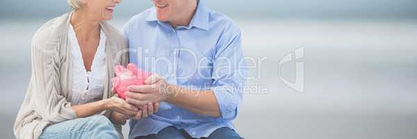 Happy couple holding a piggy bank