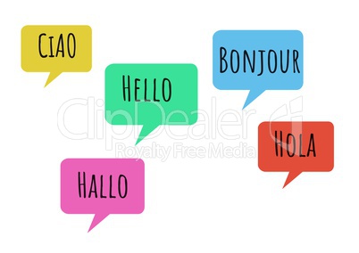 Hello in different languages chat bubbles learning with blank background