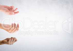 3 hands with bright background