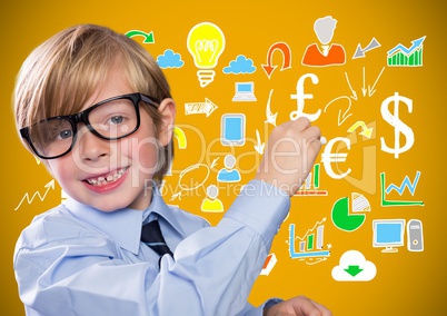 Boy writing ideas in front of yellow blank background