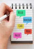 Hello in different languages chat bubbles learning with notepad