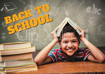 Education and back to school text and happy boy holding a book