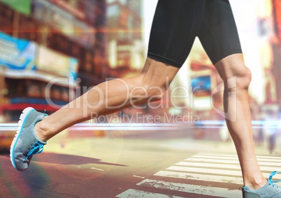 Athlete legs running through city rush light