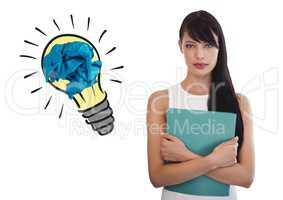Woman standing next to light bulb with crumpled paper ball