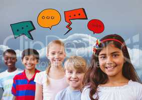 Group of kids with cloudy sky and chat bubbles