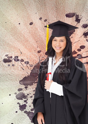 Happy young student woman holding a diploma against white, red and purple splattered background