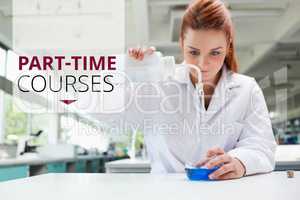 Education and part-time courses text and woman working at a laboratory