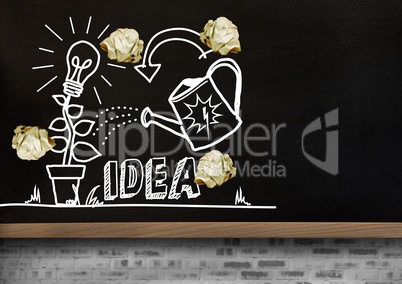 light bulb and ideas drawings garden with crumpled paper balls  in front of blackboard
