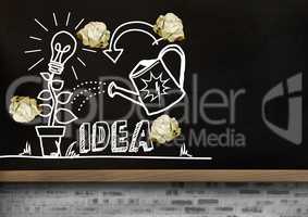 light bulb and ideas drawings garden with crumpled paper balls  in front of blackboard