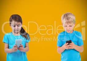 Texting kids with blank yellow background