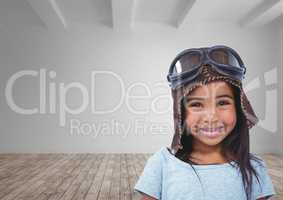 Cute pilot girl with blank room background
