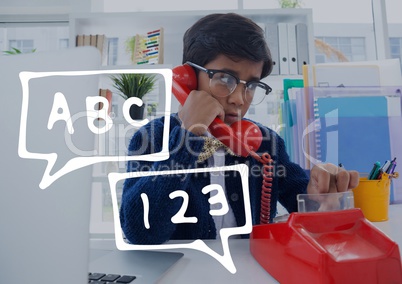 Education icons against office kid boy talking on the phone background