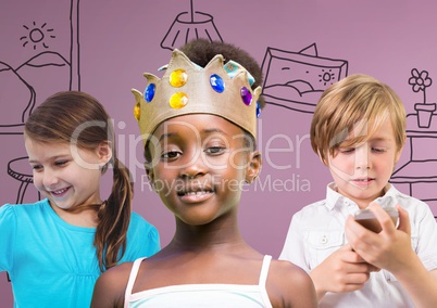 Girl wearing crown with friends in front of purple background with home graphics