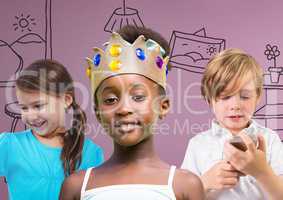 Girl wearing crown with friends in front of purple background with home graphics