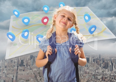 Blonde Girl in front of city and map with pointer locations