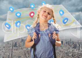 Blonde Girl in front of city and map with pointer locations