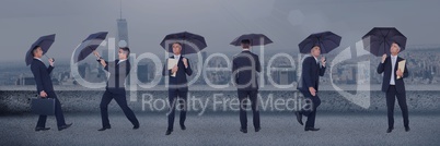 Business man with umbrella collage against city background