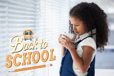 Back to school illustration against office kid girl drinking coffee background