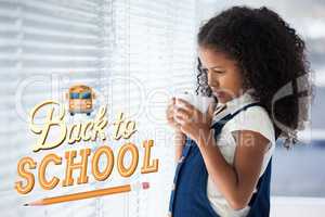 Back to school illustration against office kid girl drinking coffee background
