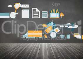 Online shopping graphics in front of blackboard