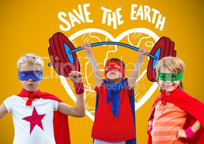 Superhero kids with blank yellow background and save the earth graphics