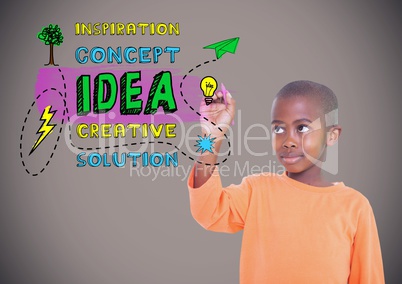 Boy writing in front of brown blank background with concept and creative ideas graphics