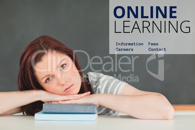 Education  and online learning text and woman lying on books