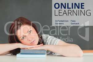 Education  and online learning text and woman lying on books