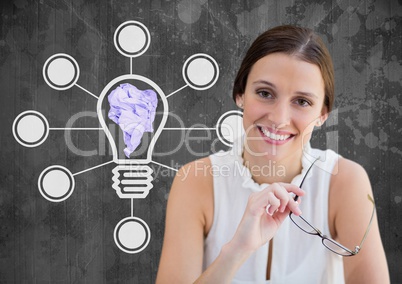 Woman standing next to light bulb connections with crumpled paper ball