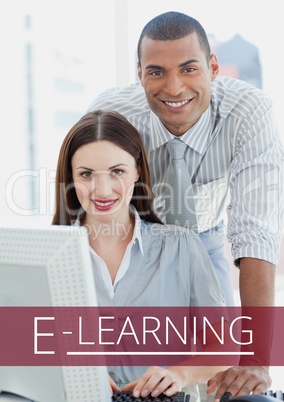 Education and e-learning text and couple using a computer