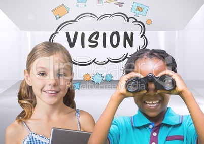 kids with binoculars with blank room background and vision text graphics