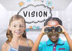 kids with binoculars with blank room background and vision text graphics