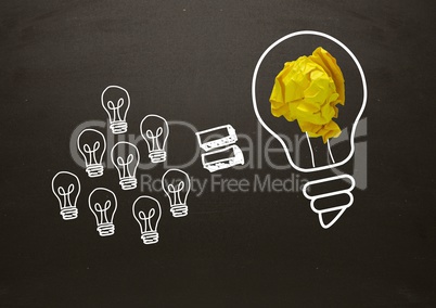 Lots of little light bulbs equal big light bulb with crumpled paper and blackboard