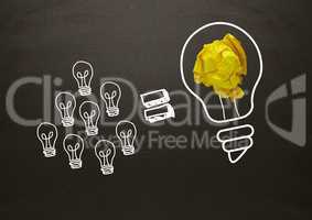 Lots of little light bulbs equal big light bulb with crumpled paper and blackboard