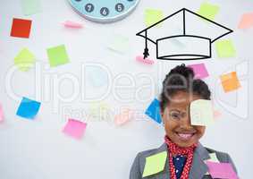 Happy office kid girl with graduation cap icon