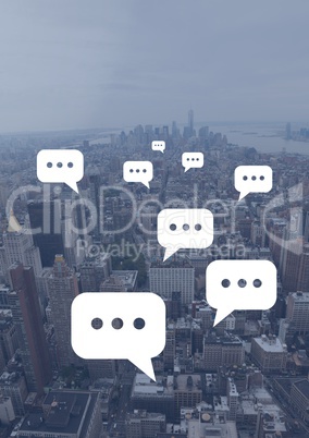 Chat bubble icons over city