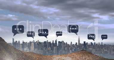 Chat bubble icons over city