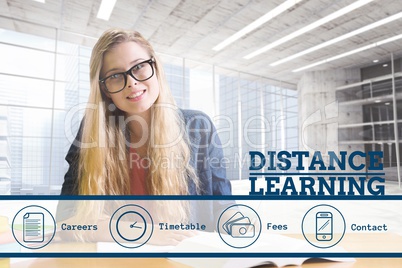 Education and distance learning text and icons and woman sitting