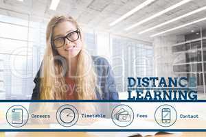 Education and distance learning text and icons and woman sitting