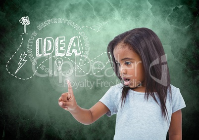Girl touching flare glow with green background and idea graphics