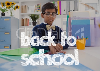 Back to school text against office kid boy holding folders background